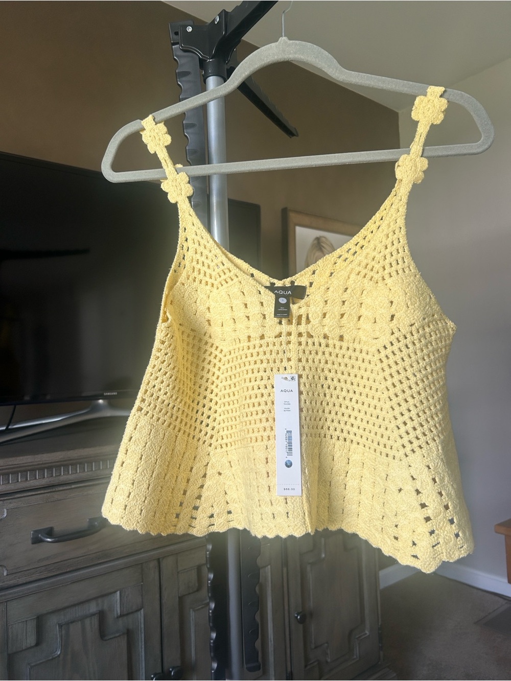 Aqua Yellow Crochet Camisole with Floral-Strap Detail